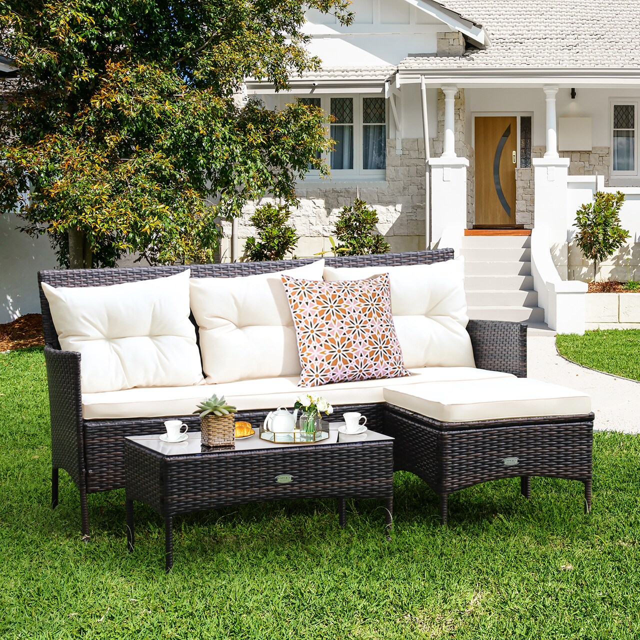 Costway 3PCS Patio Rattan Furniture Set 3-Seat Sofa Cushioned Table Garden Turqouise/Grey/Off White/Navy